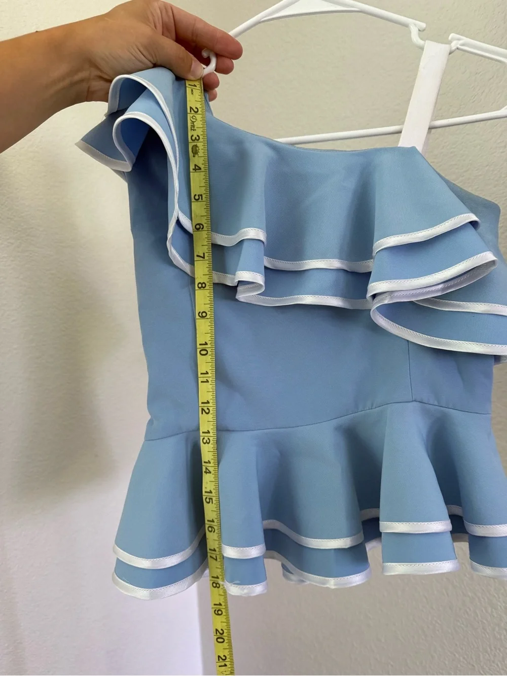 One-Shoulder Light Blue Ruffle Peplum Top